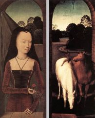 hennin kobieta z henninem na głowie - Hans Memling, Alegoria prawdziwej miłości, dyptyk, 2 połowa XV wieku
